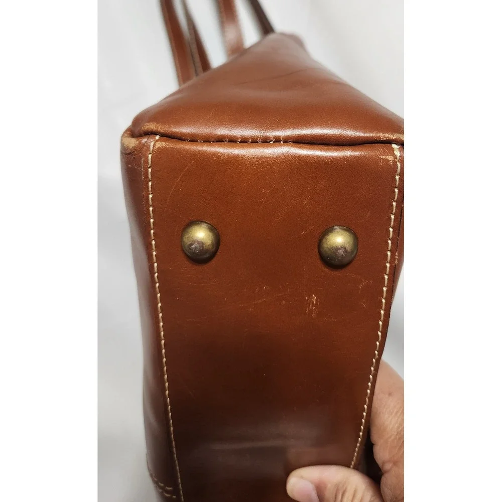 Patricia Nash Poppy Cognac Brown Leather Shoulder Bag Tote Contrast Stitching